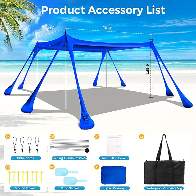 Large Beach Tent Canopy Pop Up Shade 10x10ft Sun Shelter Portable with UPF50+ UV Protection 8 Sandbags 4 Aluminum Poles 2 Sand Shovel Ground Pegs Carrying Bag for Outdoor Camping Fishing Yard Picnics