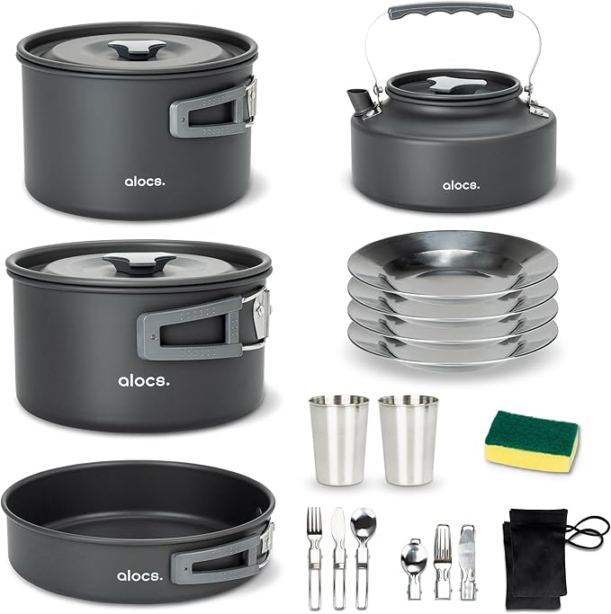 Alocs 17pcs Camping Cookware Camp Kitchen Set with Kettle, Aluminum Camping Cooking Set Backpacking Gear for Hiking,Traveling,Climbing and Picnic