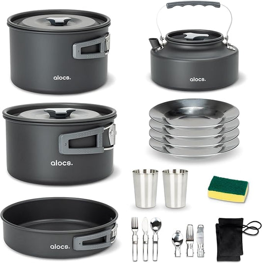 Alocs 17pcs Camping Cookware Camp Kitchen Set with Kettle, Aluminum Camping Cooking Set Backpacking Gear for Hiking,Traveling,Climbing and Picnic