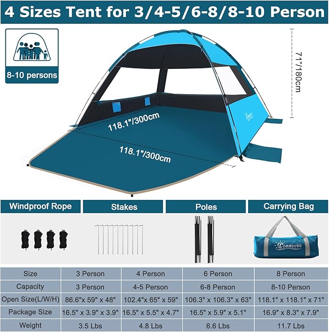 COMMOUDS Beach Tent Sun Shade for 3/4-5/6-7/8-10 Person, UPF 50+ Beach Sun Shelter Canopy Tent, Lightweight, Easy Set Up and Carry