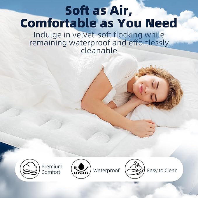 Queen Air Mattress with Built-in Pump Raised,18.5" Leakproof Blow Up Mattress,Portable Inflatable Air Bed with Waterproof Flocking Top for Home,Camping and Guests