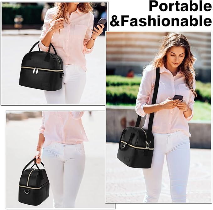 BALORAY Lunch Bag for Women Men, Double Deck Lunch Box for Adults, PU Leather Lunch Tote Bag Insulated Lunch Bags with Strap for Work Office Picnic