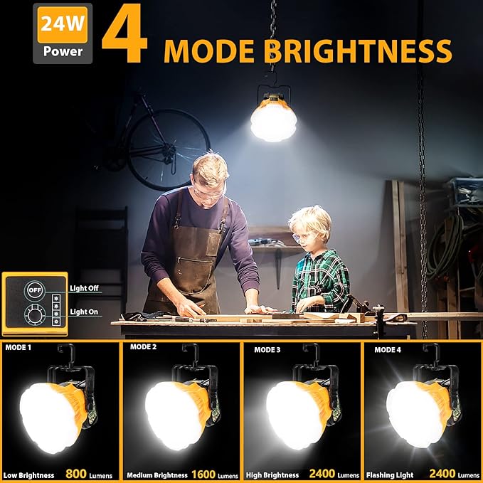 Camping Light for Dewalt 20v Battery, Flashlight 20v, Portable Light 2400LM with 4 Modes, Hanging Hook for Tent, Garage, Jobsite, Power Outages, Hurricane, Emergency