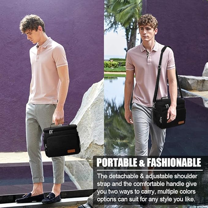 Tiblue Insulated Lunch Bag for Women/Men, Reusable Lunch Box for Office Work School Picnic Beach - Leakproof Freezable Cooler Bag with Adjustable Shoulder Strap for Kids/Adult(Medium,Black)