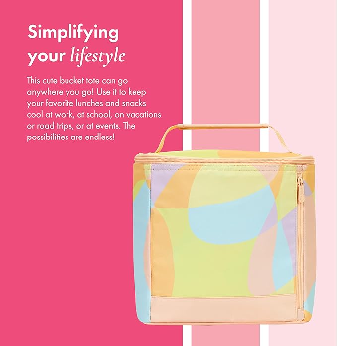 THIRTY-ONE Gifts Insulated Bucket Tote, Reusable Insulated Lunch Bag with Zipper Closure, Pastel Perfection