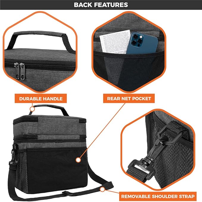 opux Insulated Lunch Bag for Men Women, Large Dual Compartment Cooler Bag, Soft Two Deck Lunch Box for Work School Picnic, Leakproof Lunch Tote with Strap for Kid Adult (Charcoal Gray, Double Deck)