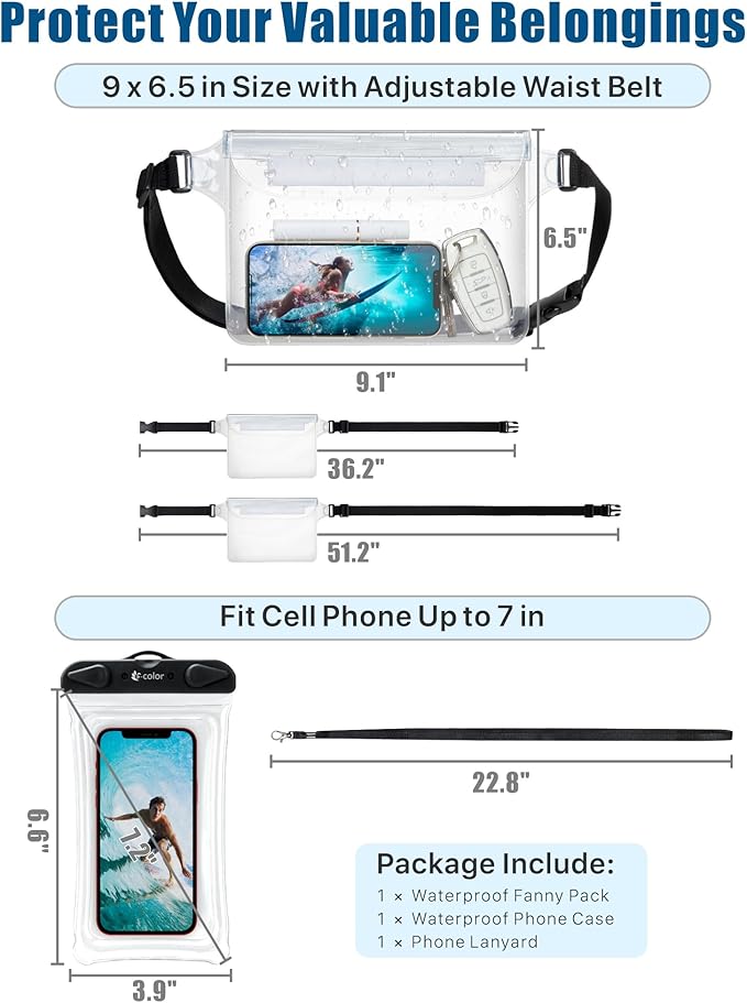 F-color Waterproof Fanny Pack - Waterproof Phone Pouch with Waist Strap - Cruise Essentials 2025 Must Haves Waterproof Pouch Dry Bag Keep Phone Valuables Safe for Beach Kayaking Boating Fishing