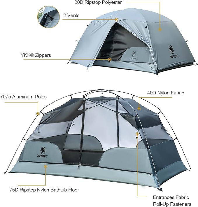 OneTigris COSMITTO 2 Person Backpacking Tent Shelter- Free Standing Lightweight Waterproof 3 Season Camping Tent for Outdoor Hiking Mountaineering