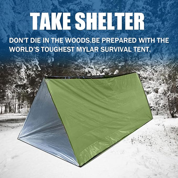 Emergency Survival Shelter Tent, 59 X 98.4inch Waterproof 2-Person Mylar Thermal Shelter for Hiking Camping (Green)