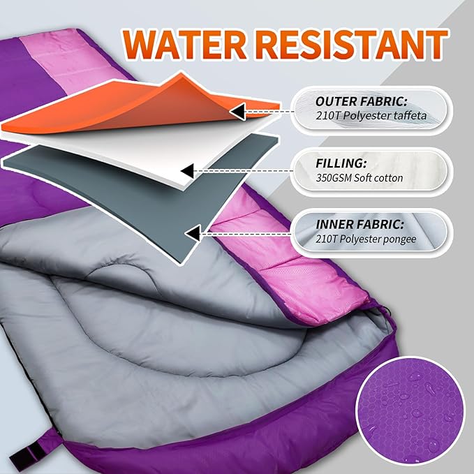 XL 10 Degree Sleeping Bags Waterproof for Adults 350GSM Machine Washable with Compression Sack for 3-4 Season Camping Outdoor