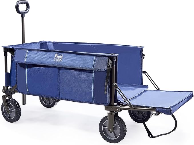 TIMBER RIDGE Tailgate Collapsible Folding Wagon Cart, Heavy Duty Utility Push Pull Beach Wagon Foldable, Outdoor Grocery Cart with Side Pockets for Camping, Garden, Shopping, Holds 225 lbs, Blue