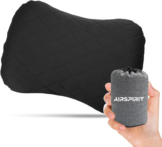 Inflatable Camping Pillow Ultralight Adjustable Firmness, TPU Travel Pillow for Neck & Lumbar Support, Hiking, Backpacking, Airplane, Car Travel & Beach with Removable Washable Cover (Black)