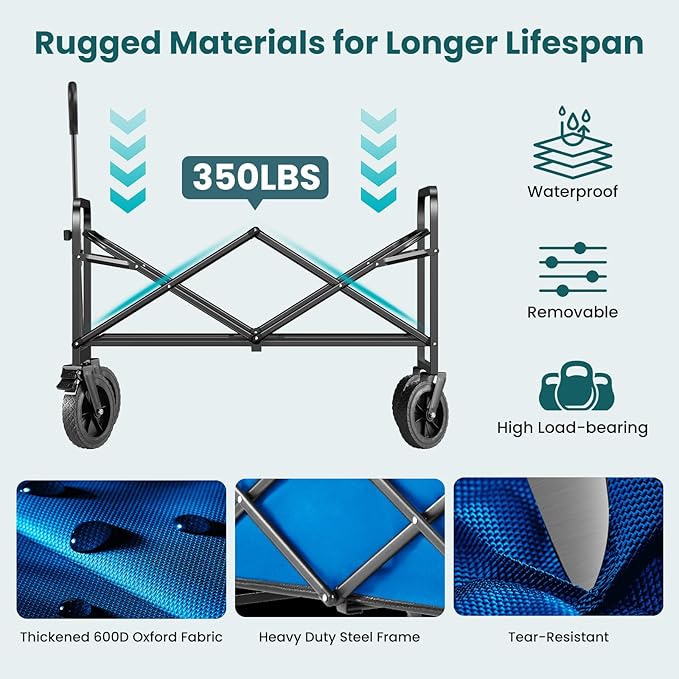 Collapsible Wagon Cart Foldable, 35" L Folding Beach Wagon with All-Terrain Wheels, Heavy Duty Shopping Cart with 350lbs Large Capacity, Portable Camping Wagons Carts for Grocery Garden, Blue