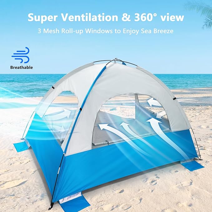 NXONE Beach Tent Sun Shade Shelter for 6 Person with UV Protection, Extended Floor, 3 Mesh Roll Up Windows & 8.5mm Fiberglass Rods丨Carry Bag Included (Blue White)