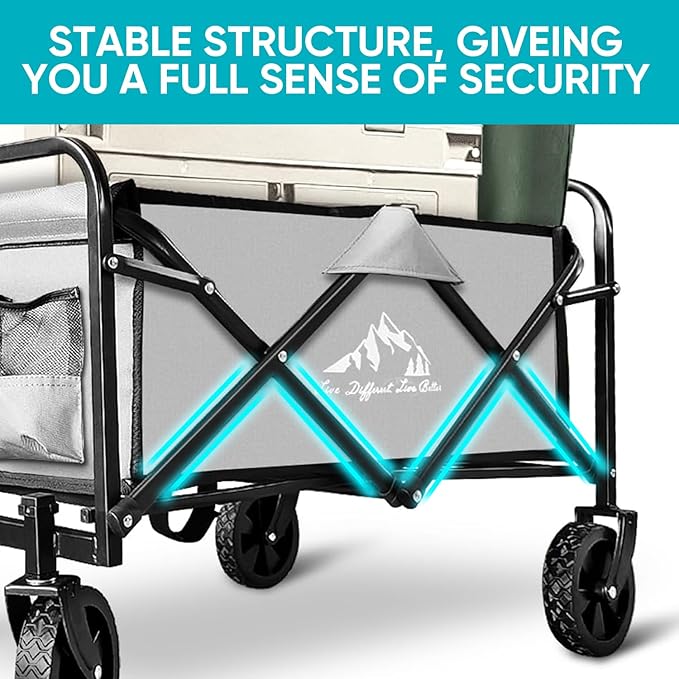Collapsible Foldable Wagon, Beach Cart Large Capacity, Heavy Duty Folding Wagon Portable, for Outdoor Sports, Shopping, Camping, Gray