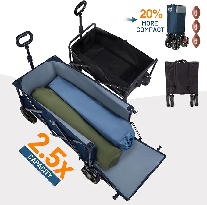TIMBER RIDGE 49" Extra Long Collapsible Folding Wagon with Tailgate and Brakes, 300lbs Heavy Duty Foldable Wagon with Adjustable Handle, 250L Capacity Portable Cart for Outdoor Camping Sports, Blue
