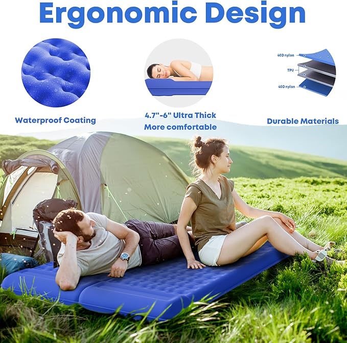 Sleeping Pad 4.7" Extra Thick, Upgraded Reinforced Support Structure with Built-in Foot Pump and Pillows Portable Camping Air Mattress Bed for Tent Backpacking Hiking