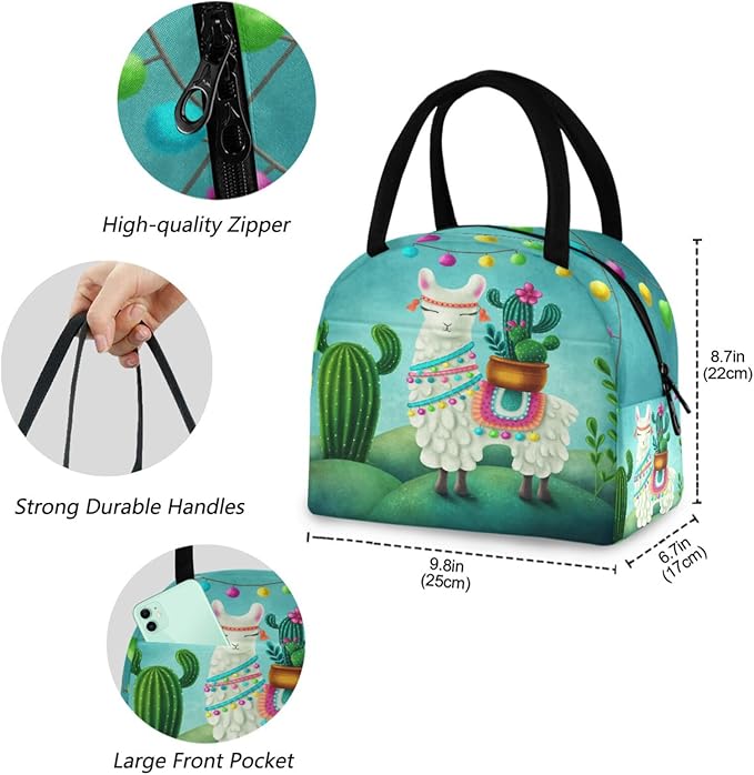 Cute Llama with Cactus Reusable Lunch Tote Bag Insulated Water-resistant Thermal Cooler Bag for Man/Women/Picnic/Boating/Beach/Fishing/Work