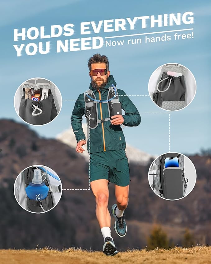 Running Vest for Women and Men, Hydration Backpack for Runners, Trail, Hiking, Biking and Walking, with Front Phone Holder, Adjustable Chest and Waist Strap