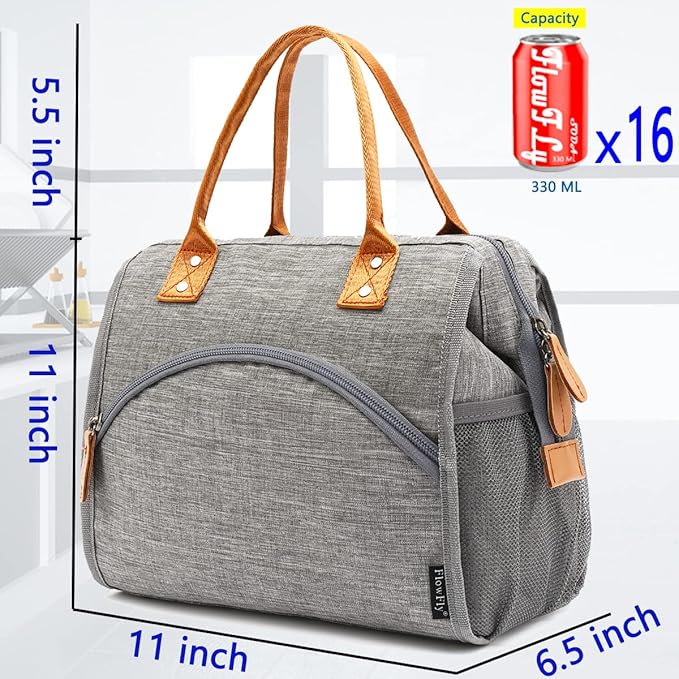 FlowFly Insulated Lunch Bag Wide-Open Lunch Box Large Tote Leakproof Cooler with Drink Holder and Multi Pockets for Women Men Adult Kids Work Picnic Travel Beach Hiking, Grey