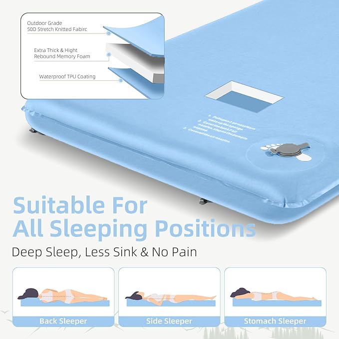 Memory Sleeping Pad, 3.1" Ultra-Thick Foam Sleeping Mats for Camping, Easy Inflate&Deflate,9.5 R-Value Insulated Camping Mattress Pad with Pillow, for Car Travel Tent