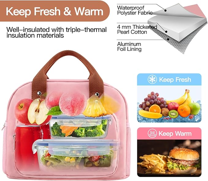 Lunch Bag Women,Insulated Lunch Box Lunch Bag for Women Men Work Adult Cute Small Lunch Tote Bag, Large Capacity Reusable Cooler Containers for Travel Picnic Office or Beach (Pink)