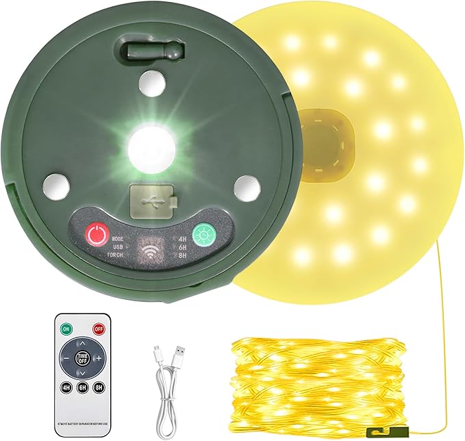 HELESIN Outdoor Waterproof Portable Stowable String Light, 3 in 1 Camping String Lights Outdoor with 8 Lighting Modes, USB Rechargeable Tent Lights for Camping, Hiking, Yard, RV (Warm Light)