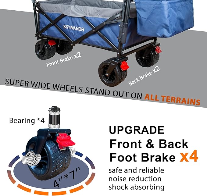 Collapsible Wagon Folding Garden Cart with Removable Canopy Utility Heavy Duty Wagon Cart with All-Terrain Wheel Storage 4 Brake for Camping Shopping (Upgraded Canopy-Gray-Blue Splicing)