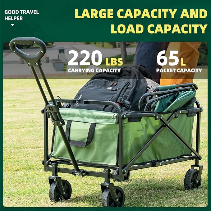 Collapsible Wagon Cart Heavy Duty Foldable, Large Capacity Foldable Grocery Beach Wagon for Camping Sports Shopping, Green