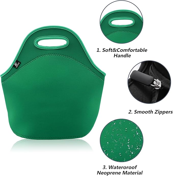 LOVAC Neoprene Lunch Bag, Thick Insulated Lunch Bag - Durable & Waterproof Lunch Tote With Zipper For Outdoor Travel Work (Green)