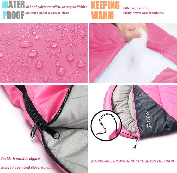 tuphen- Sleeping Bags for Adults Kids Boys Girls Backpacking Hiking Camping Microfiber Liner, Cold Warm Weather 4 Seasons Indoor Outdoor Use, Lightweight & Waterproof