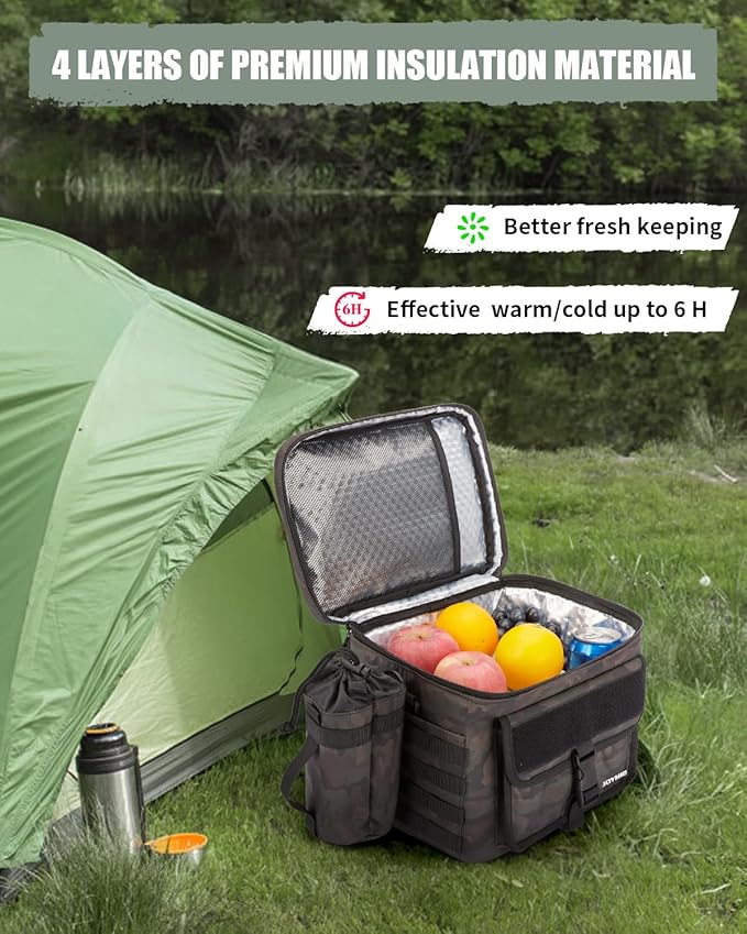 JOYHILL Tactical Lunch Box for Men, Insulated Lunch Bag with Detachable Bottle Pouch Holder, Medium Durable Thermal Cooler Bag,Modern Leakproof Bag for Work, Camping, Picnic,Green,13L/18 Can