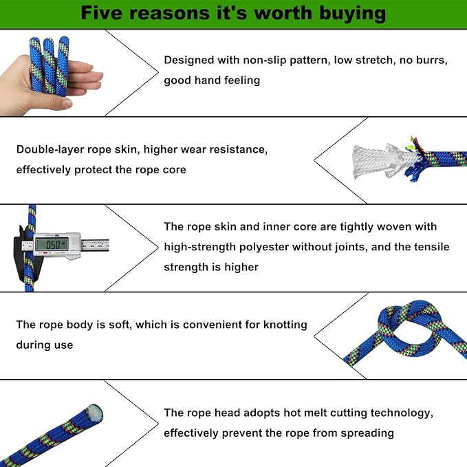 Double Braided Arborist Rope (1/2 in x 150 ft) Polyester Rope Bull Rope 48 Strands for Tree Work Climbing Pulling Swing Sailing, Blue