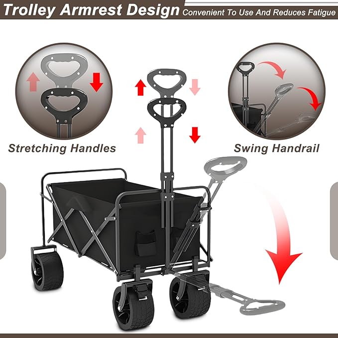 300L Collapsible Wagon with Wheels,500lbs Extra Long Fold Up Wagons Carts,Folding Wagon Cart with Adjustable Handle,with Side Pocket and Brakes for Grocery Shopping Camping Outdoor Sports Beach Garden
