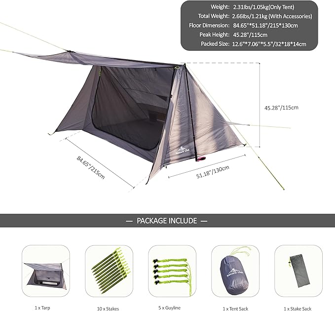 Sirius Two Ultralight Backpacking Tent, 2 Person Trekking Pole, Waterproof, Compact, Single Wall, Bushcraft Shelter for Camping, Hiking, Kayaking