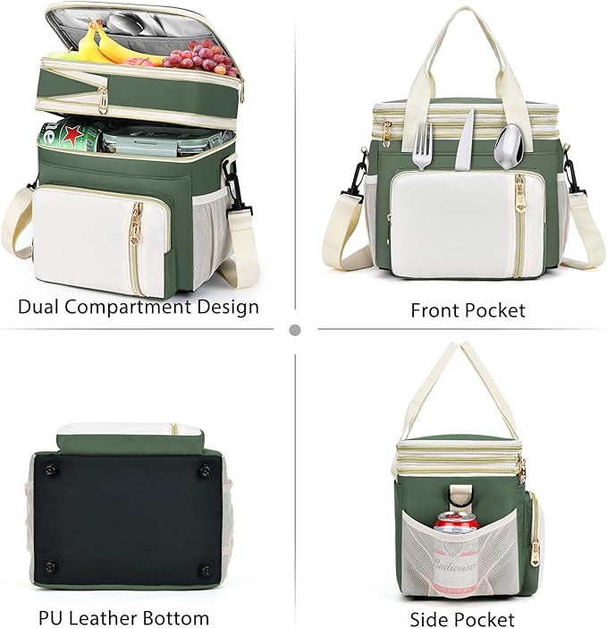 Lunch Box & Lunch Bag for Women Men, Large Insulated Adult Lunch Box Leakproof Lunchbox Cooler Bag for Work Picnic Beach,16L, Army Green & White