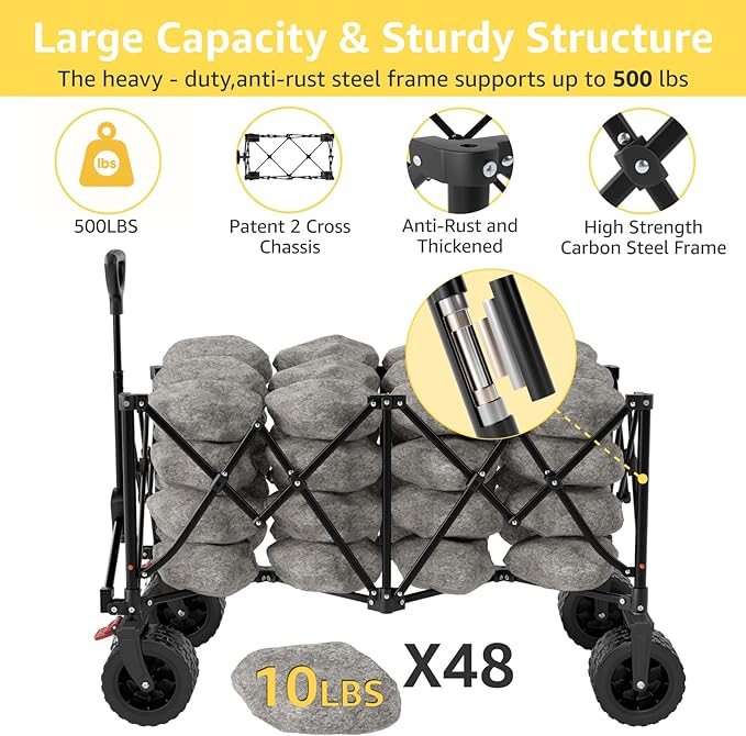 Large Beach Collapsible Wagon Cart with Wheels - Foldable Wagons 260L Heavy Duty 500lbs, Wagon with Big Wheels for Sand Folding Utility Wagons Carts for Sports Shopping Camping