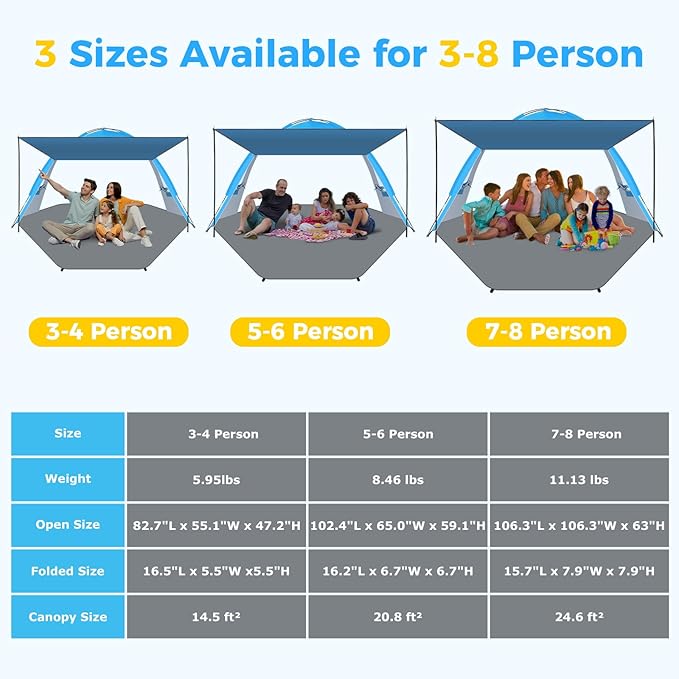 Gorich Beach Tent with Canopy - Easy Setup 3-8 Person Portable Sun Shelter, UPF 50+ UV Protection Sun Shade, Lightweight & Compact Beach Cabana for Family Travel