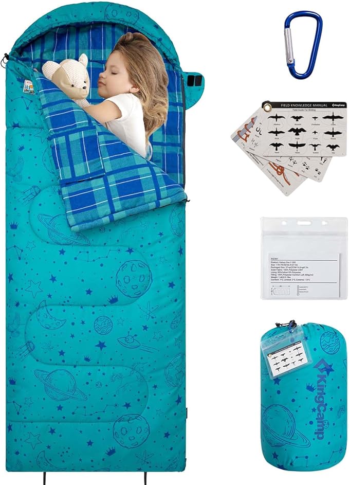 KingCamp 45°F Kids Sleeping Bag, Lightweight Waterproof & Compact Flannel Sleeping Bags Cold Weather & Warm Youth Essentials Gear Accessories for Camping, Fits 10-12 Children up to 5'5" Tall