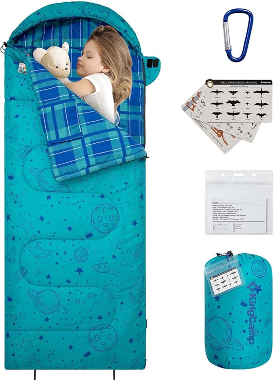 KingCamp 45°F Kids Sleeping Bag, Lightweight Waterproof & Compact Flannel Sleeping Bags Cold Weather & Warm Youth Essentials Gear Accessories for Camping, Fits 10-12 Children up to 5'5" Tall