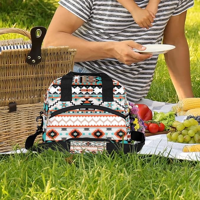 Western Style Insulated Lunch Bags for Women Men Adult Ethnic Aztec Geometric Reusable Lunch Tote Therma Cooler Bag with Shoulder Strap Lunch Box for School Work Office Picnic Meal Prep Bag