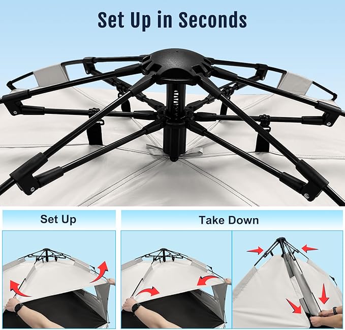 WhiteFang Deluxe Pop Up Beach Tent Sun Shade Shelter for 3-4/5-6 Person, UV Protection, Extendable Floor with 3 Ventilating Windows Plus Carrying Bag, Stakes, and Guy Lines