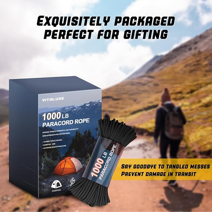 1000lb Paracord Rope, 4mm 12 Triple Strands Paracord, Heavy Duty Tactical Parachute Cord for Survival Gear, Camping, Hiking, and Ideal for Bracelets, Lanyards, Type III