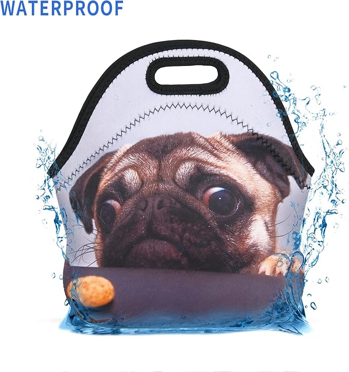 Violet Mist Cute Neoprene Lunch Bag Women Insulated Reusable Lunch Box Thick Pug lunchboxes Bags Thermal Dog Lunchbags Lightweight Food Handbags Container Picnic Outdoor Thanksgiving Christmas Gifts