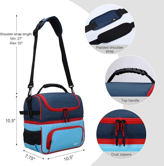 MIER 2 Compartment Lunch Bag Tote with Shoulder Strap for Men and Women Insulated Leakproof Cooler Bag, Blue