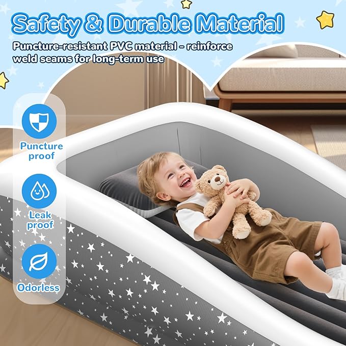 Inflatable Toddler Travel Bed: Portable & Safety - Blow Up Toddler Bed Travel with 4 Sides - Kids Air Mattress Ideal for Outdoor Camping - Easy to Inflate Deflate and Clean