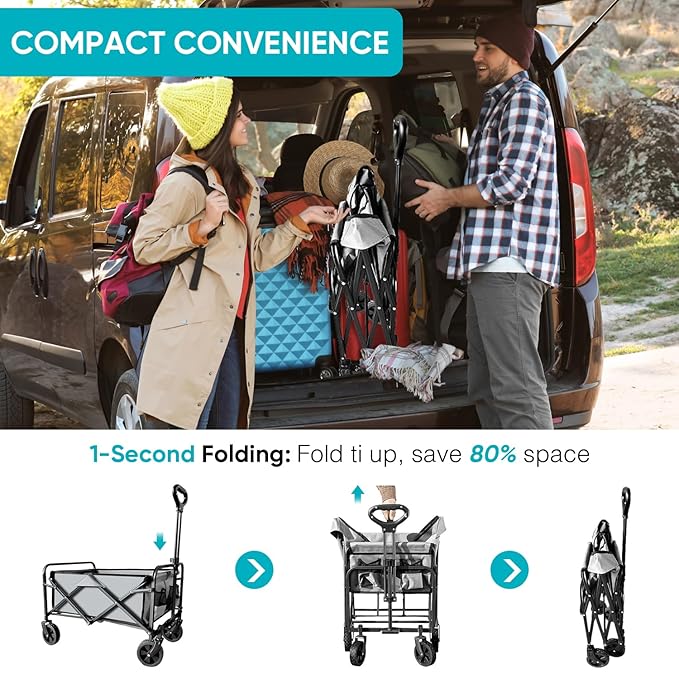 Collapsible Foldable Wagon, Beach Cart Large Capacity, Heavy Duty Folding Wagon Portable, for Outdoor Sports, Shopping, Camping, Gray