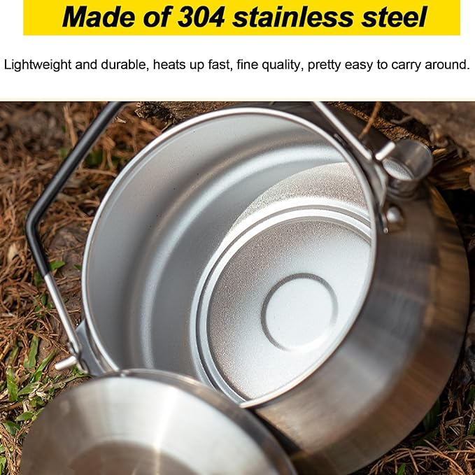 Camping Kettle Outdoor Campfire Camp Kettle, 1L Stainless Steel camping tea kettle Coffee Pot, Portable Lightweight Teapot Fast Heating Boiling Water, Ideal for Hiking Picnic Travel, Silver