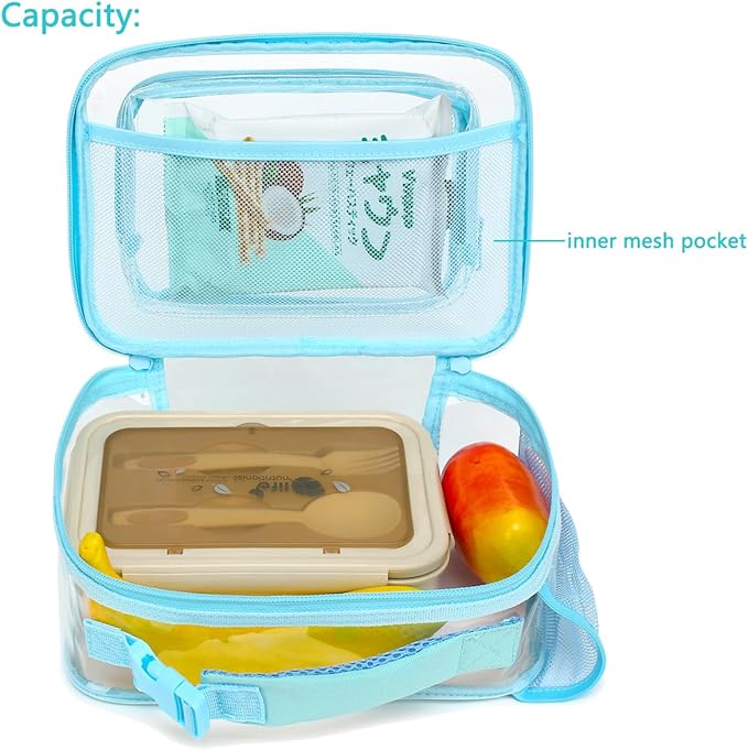FlowFly Kids Lunch box with buckle Insulated Cooler Back to School Thermal Meal Tote Kit for Girls, Boys, Clear#Blue