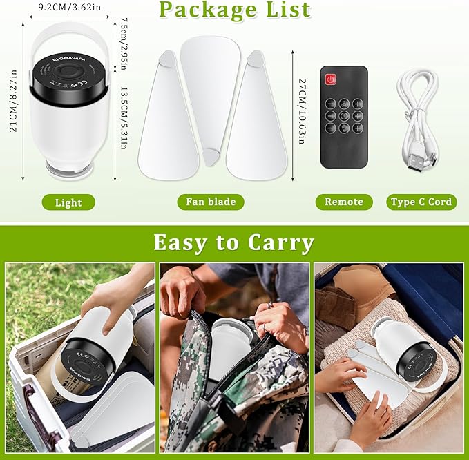 2 in 1 Camping Fan with LED Lantern, Rechargeable Camping Lights with Remote Control, Portable Outdoor Umbrella Ceiling Fan with Dimmable Light Hanging Outside for Patios, Tent, RVs, Gazebo